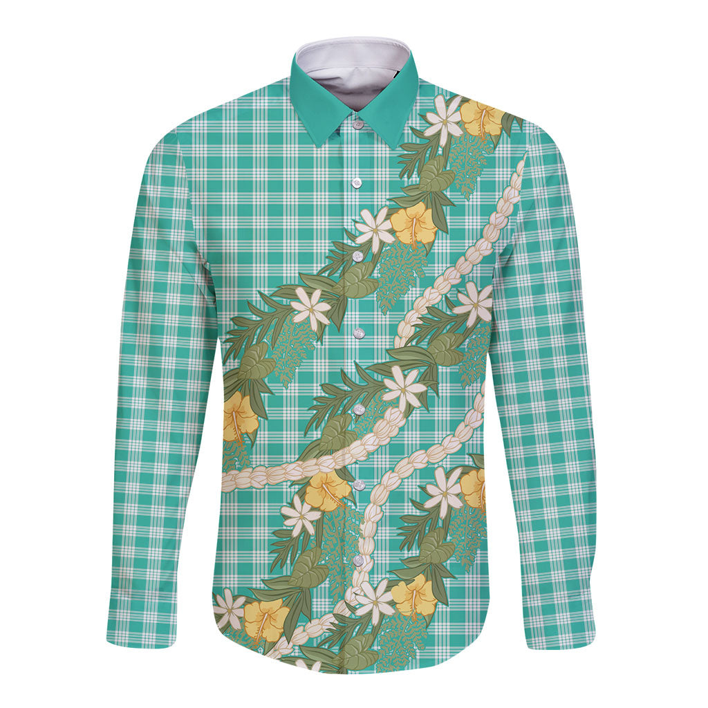 Aloha Puakenikeni Anthurium Pikake Lei Long Sleeve Button Shirt Marine Hawaiian Palaka Pattern