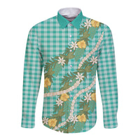 Aloha Puakenikeni Anthurium Pikake Lei Long Sleeve Button Shirt Marine Hawaiian Palaka Pattern