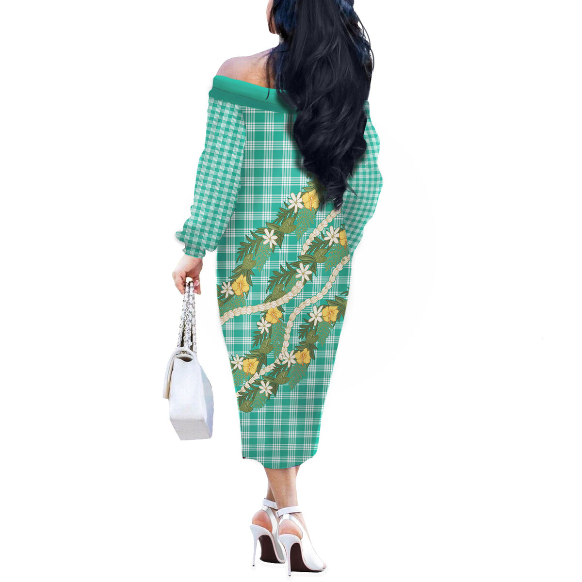 Aloha Puakenikeni Anthurium Pikake Lei Off The Shoulder Long Sleeve Dress Marine Hawaiian Palaka Pattern LT9 - Polynesian Pride