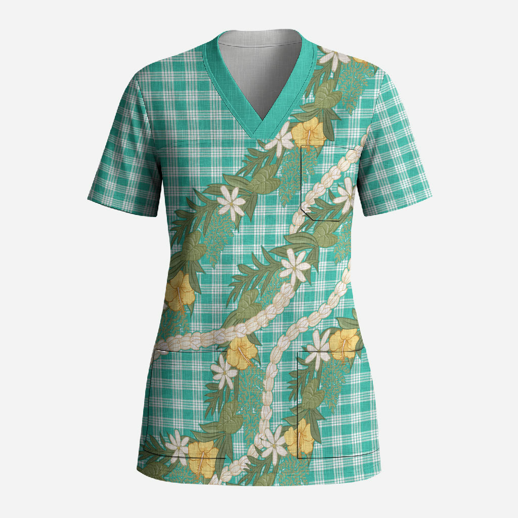 Aloha Puakenikeni Anthurium Pikake Lei Scrub Top Marine Hawaiian Palaka Pattern