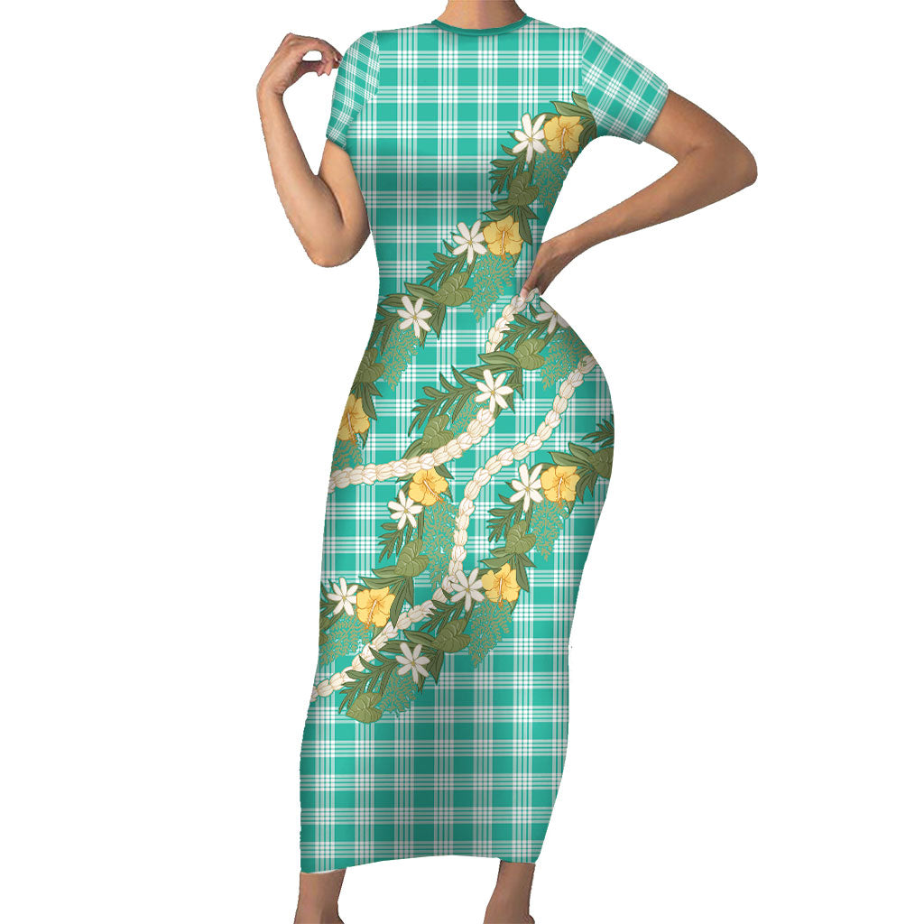 Aloha Puakenikeni Anthurium Pikake Lei Short Sleeve Bodycon Dress Marine Hawaiian Palaka Pattern LT9 Long Dress Marine - Polynesian Pride