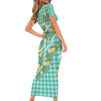Aloha Puakenikeni Anthurium Pikake Lei Short Sleeve Bodycon Dress Marine Hawaiian Palaka Pattern LT9 - Polynesian Pride