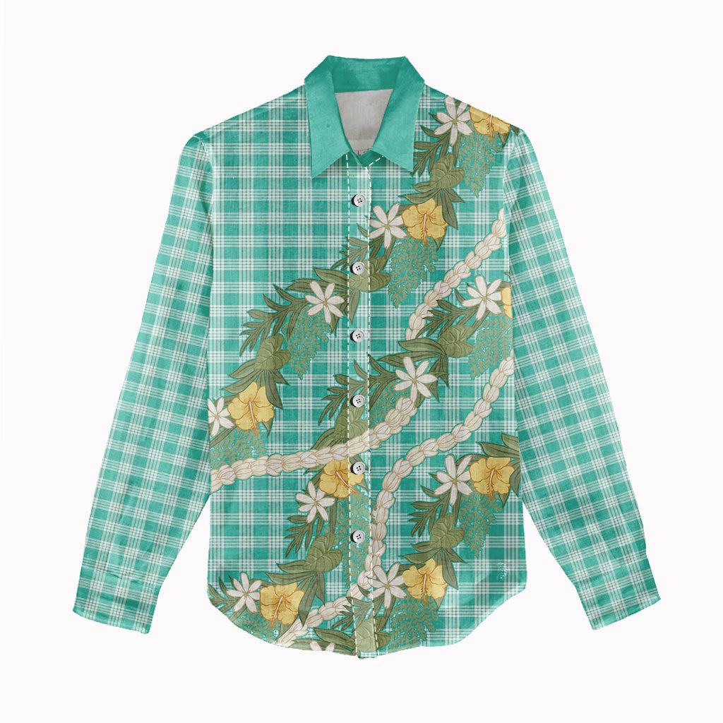 Aloha Puakenikeni Anthurium Pikake Lei Women Casual Shirt Marine Hawaiian Palaka Pattern LT9 - Polynesian Pride