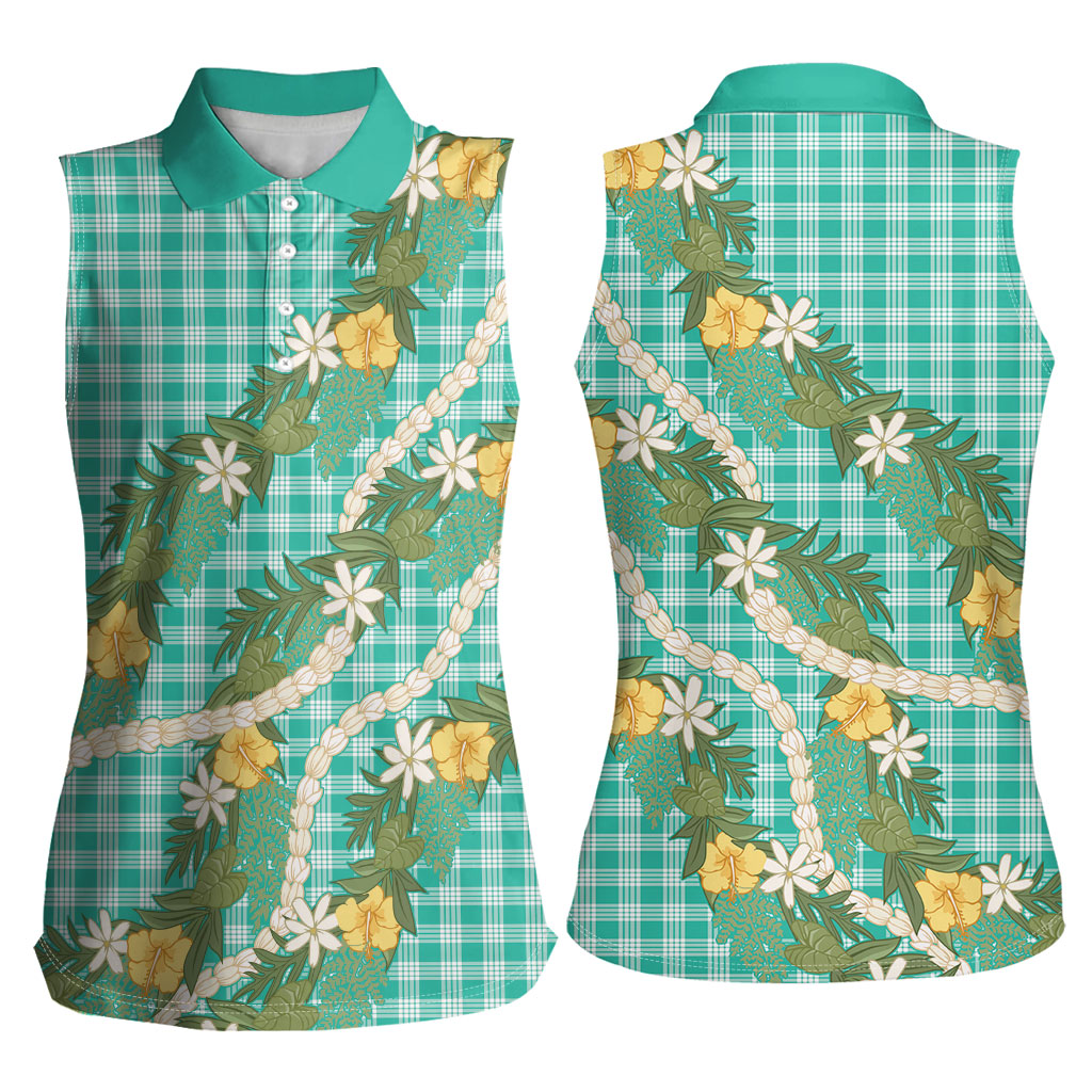 Aloha Puakenikeni Anthurium Pikake Lei Women Sleeveless Polo Shirt Marine Hawaiian Palaka Pattern LT9 - Polynesian Pride