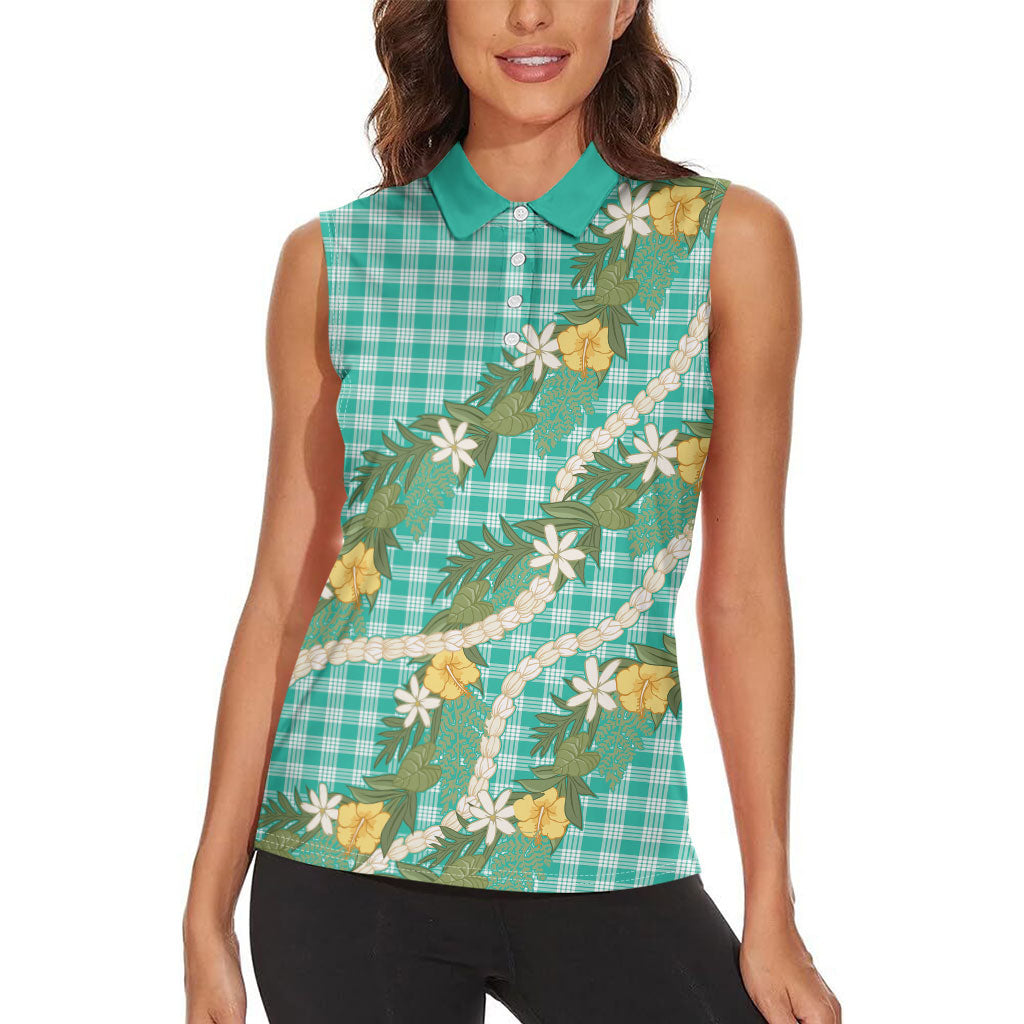 Aloha Puakenikeni Anthurium Pikake Lei Women Sleeveless Polo Shirt Marine Hawaiian Palaka Pattern LT9 - Polynesian Pride