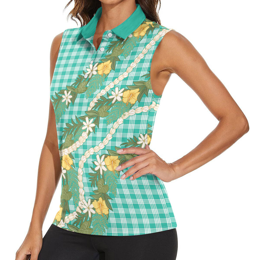 Aloha Puakenikeni Anthurium Pikake Lei Women Sleeveless Polo Shirt Marine Hawaiian Palaka Pattern LT9 - Polynesian Pride
