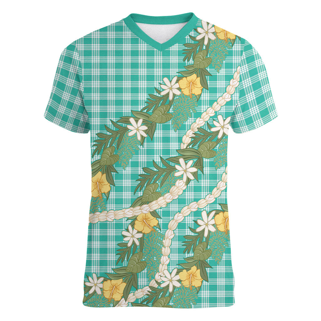 Aloha Puakenikeni Anthurium Pikake Lei Women V-Neck T-Shirt Marine Hawaiian Palaka Pattern LT9 Female Marine - Polynesian Pride