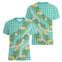 Aloha Puakenikeni Anthurium Pikake Lei Women V-Neck T-Shirt Marine Hawaiian Palaka Pattern LT9 - Polynesian Pride