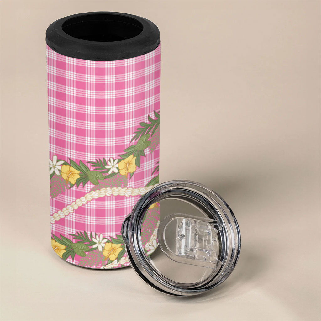 Aloha Puakenikeni Anthurium Pikake Lei 4 in 1 Can Cooler Tumbler Tropical Pink Hawaiian Palaka Pattern LT9 - Polynesian Pride