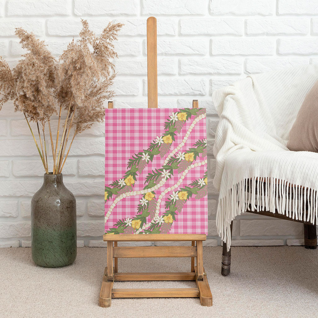 Aloha Puakenikeni Anthurium Pikake Lei Canvas Wall Art Tropical Pink Hawaiian Palaka Pattern