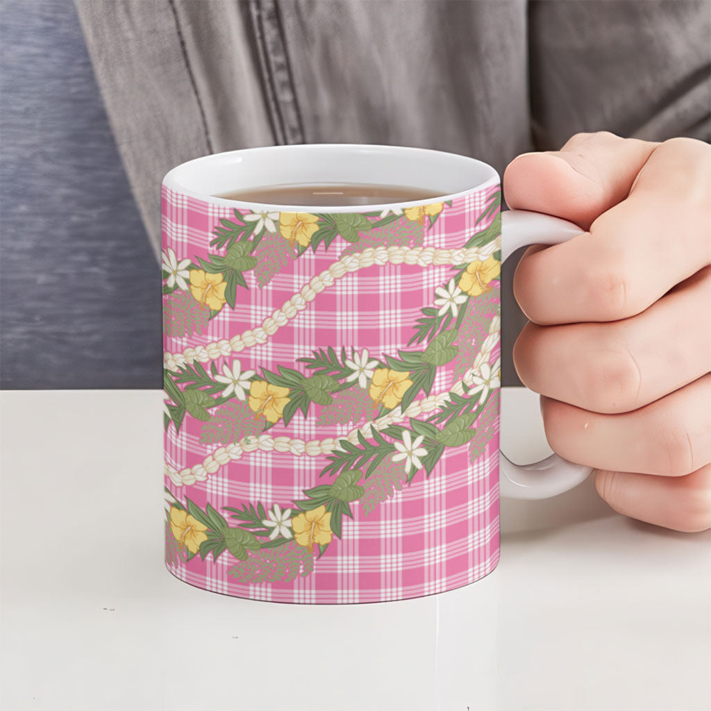 Aloha Puakenikeni Anthurium Pikake Lei Ceramic Mug Tropical Pink Hawaiian Palaka Pattern