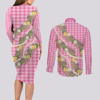 Aloha Puakenikeni Anthurium Pikake Lei Couples Matching Long Sleeve Bodycon Dress and Long Sleeve Button Shirt Tropical Pink Hawaiian Palaka Pattern LT9 - Polynesian Pride