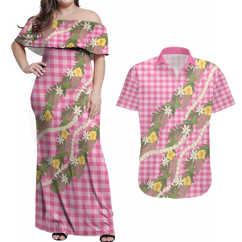 Aloha Puakenikeni Anthurium Pikake Lei Couples Matching Off Shoulder Maxi Dress and Hawaiian Shirt Tropical Pink Hawaiian Palaka Pattern LT9 Pink - Polynesian Pride
