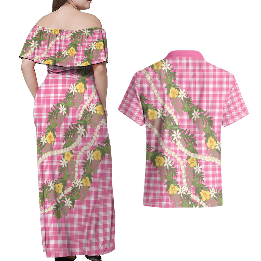 Aloha Puakenikeni Anthurium Pikake Lei Couples Matching Off Shoulder Maxi Dress and Hawaiian Shirt Tropical Pink Hawaiian Palaka Pattern LT9 - Polynesian Pride