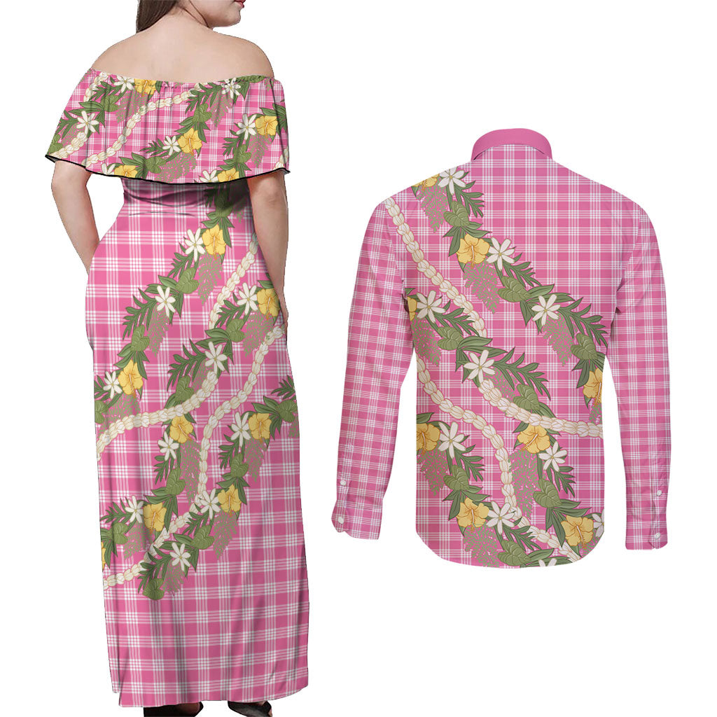 Aloha Puakenikeni Anthurium Pikake Lei Couples Matching Off Shoulder Maxi Dress and Long Sleeve Button Shirt Tropical Pink Hawaiian Palaka Pattern LT9 - Polynesian Pride