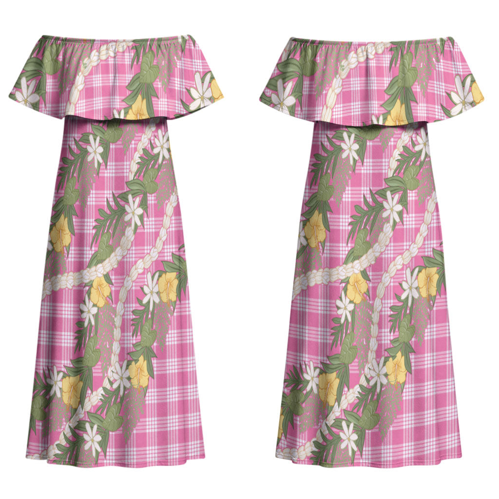Aloha Puakenikeni Anthurium Pikake Lei Couples Matching Off Shoulder Maxi Dress and Long Sleeve Button Shirt Tropical Pink Hawaiian Palaka Pattern LT9 - Polynesian Pride