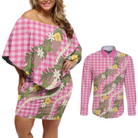 Aloha Puakenikeni Anthurium Pikake Lei Couples Matching Off Shoulder Short Dress and Long Sleeve Button Shirt Tropical Pink Hawaiian Palaka Pattern LT9 Pink - Polynesian Pride