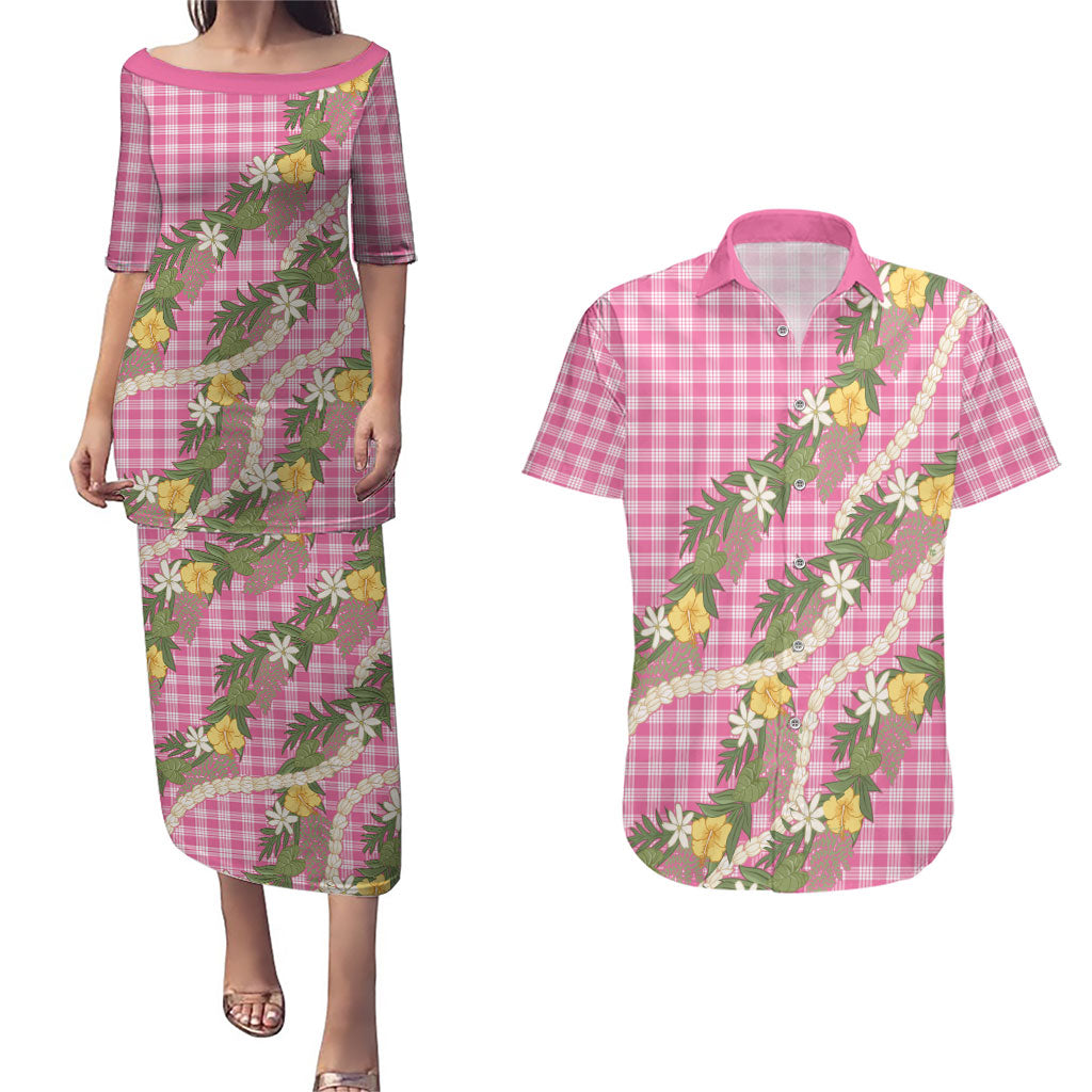 Aloha Puakenikeni Anthurium Pikake Lei Couples Matching Puletasi and Hawaiian Shirt Tropical Pink Hawaiian Palaka Pattern LT9 Pink - Polynesian Pride