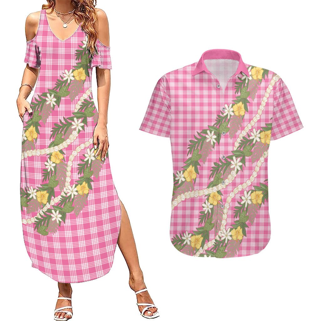 Aloha Puakenikeni Anthurium Pikake Lei Couples Matching Summer Maxi Dress and Hawaiian Shirt Tropical Pink Hawaiian Palaka Pattern