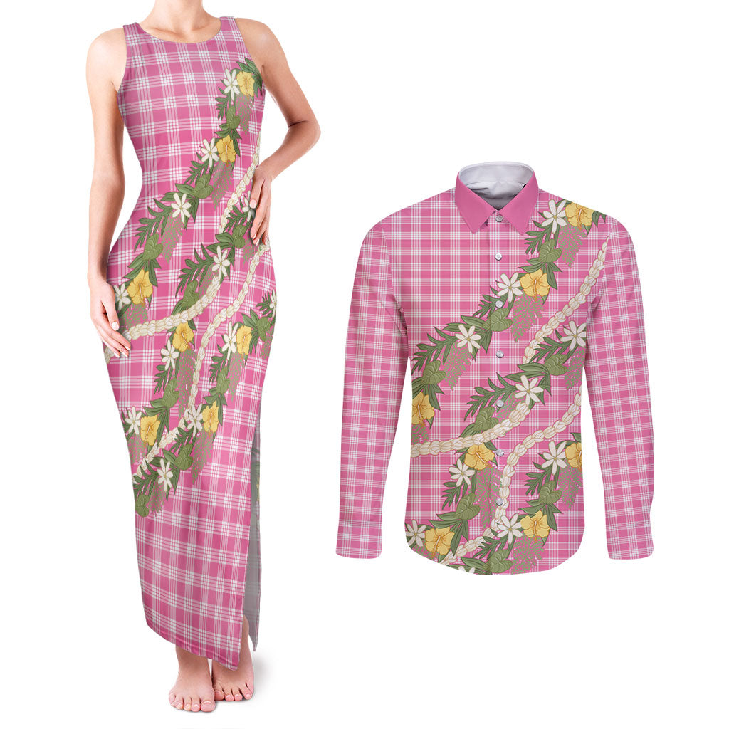 Aloha Puakenikeni Anthurium Pikake Lei Couples Matching Tank Maxi Dress and Long Sleeve Button Shirt Tropical Pink Hawaiian Palaka Pattern LT9 Pink - Polynesian Pride