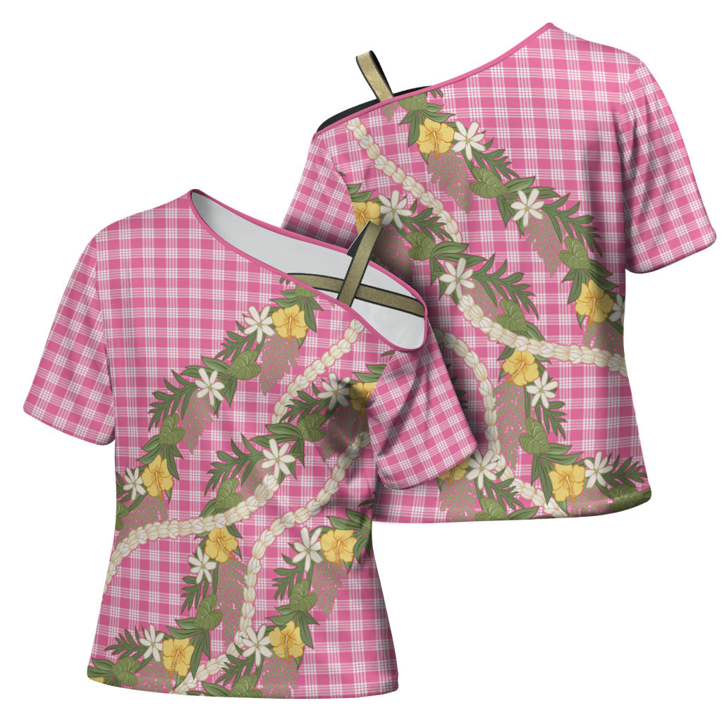 Aloha Puakenikeni Anthurium Pikake Lei Cross Shoulder Shirt Tropical Pink Hawaiian Palaka Pattern