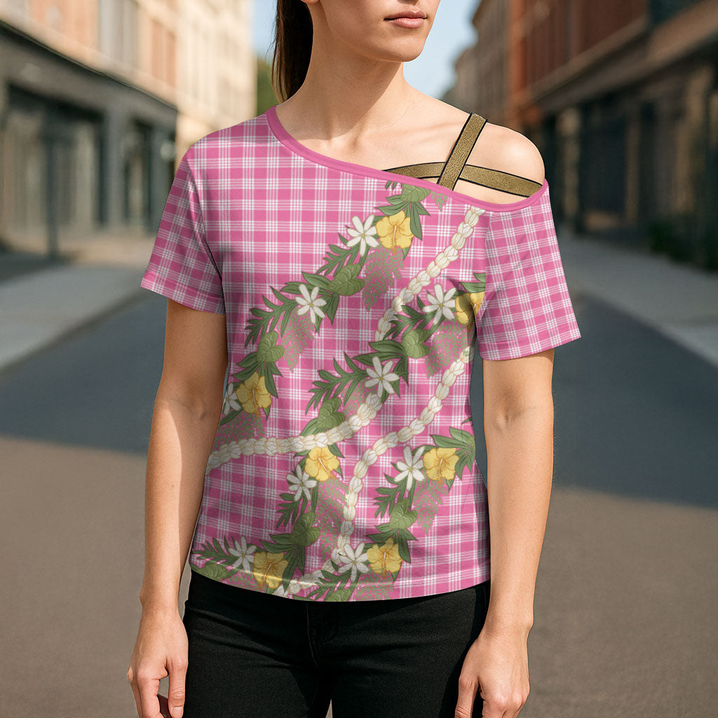 Aloha Puakenikeni Anthurium Pikake Lei Cross Shoulder Shirt Tropical Pink Hawaiian Palaka Pattern