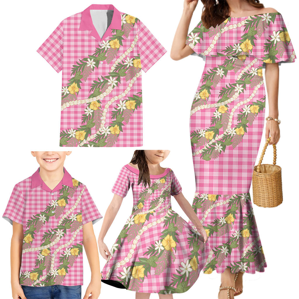 Aloha Puakenikeni Anthurium Pikake Lei Family Matching Mermaid Dress and Hawaiian Shirt Tropical Pink Hawaiian Palaka Pattern LT9 - Polynesian Pride
