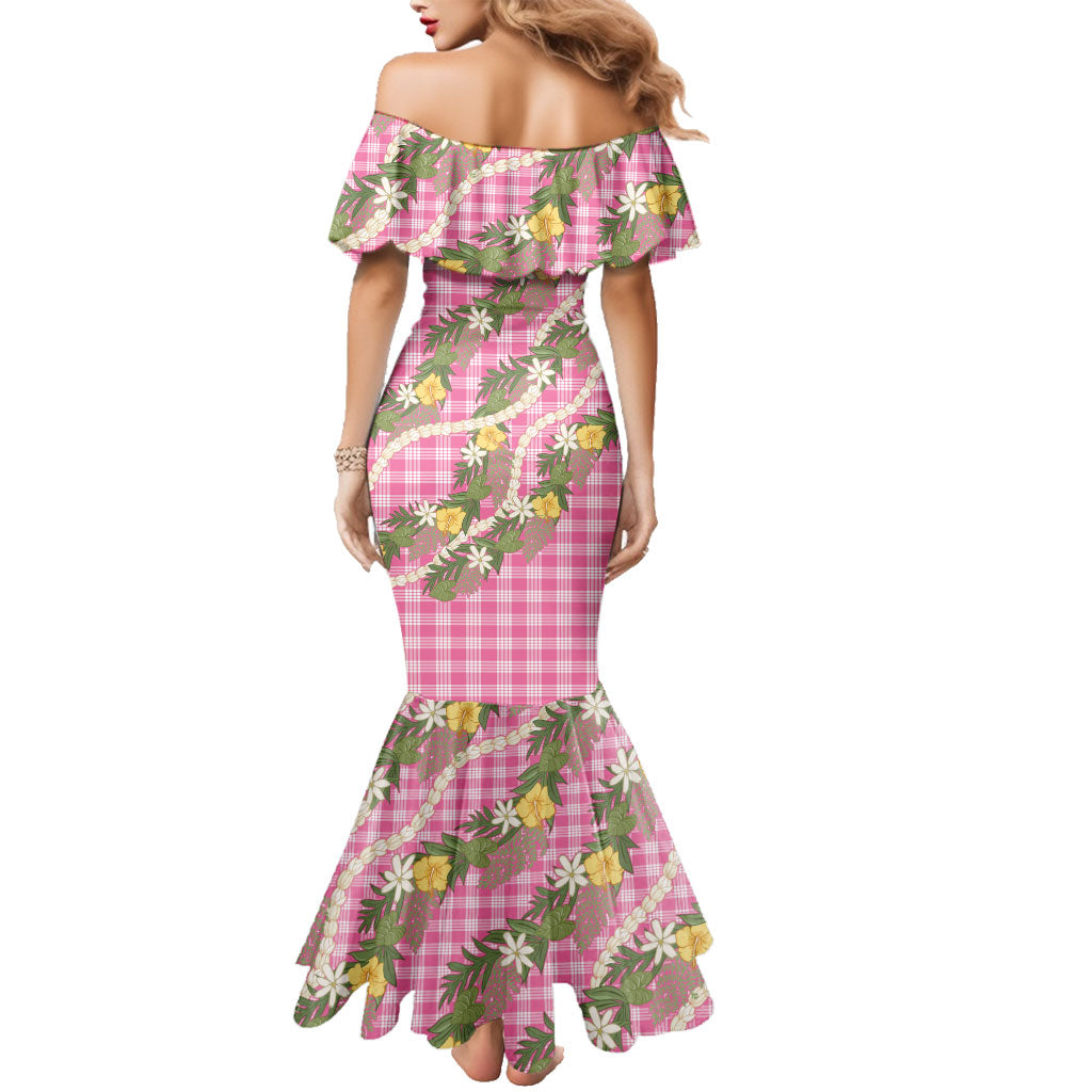 Aloha Puakenikeni Anthurium Pikake Lei Family Matching Mermaid Dress and Hawaiian Shirt Tropical Pink Hawaiian Palaka Pattern LT9 - Polynesian Pride