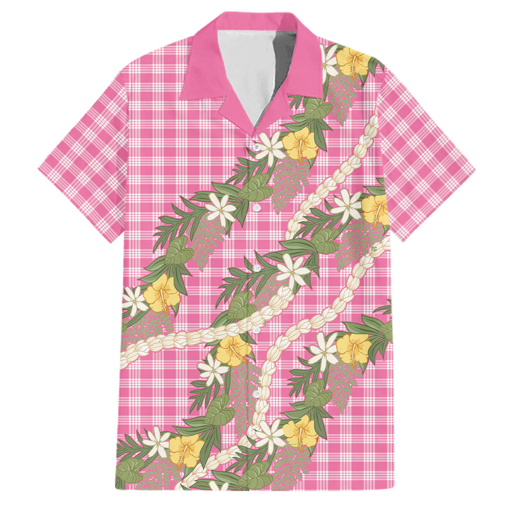 Aloha Puakenikeni Anthurium Pikake Lei Family Matching Off Shoulder Maxi Dress and Hawaiian Shirt Tropical Pink Hawaiian Palaka Pattern LT9 Dad's Shirt - Short Sleeve Pink - Polynesian Pride