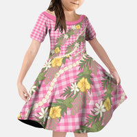 Aloha Puakenikeni Anthurium Pikake Lei Family Matching Off Shoulder Short Dress and Hawaiian Shirt Tropical Pink Hawaiian Palaka Pattern LT9 Daughter's Dress Pink - Polynesian Pride