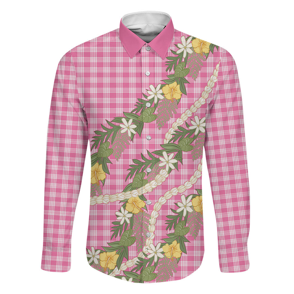Aloha Puakenikeni Anthurium Pikake Lei Family Matching Off Shoulder Short Dress and Hawaiian Shirt Tropical Pink Hawaiian Palaka Pattern LT9 Dad's Shirt - Long Sleeve Pink - Polynesian Pride