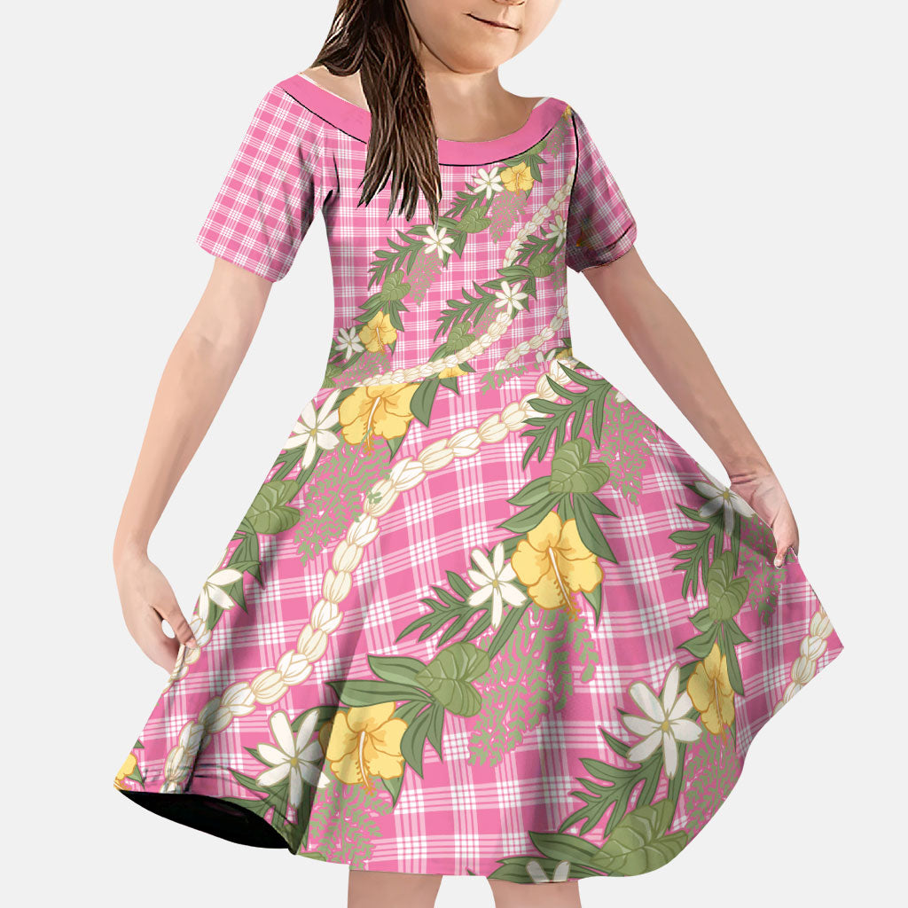Aloha Puakenikeni Anthurium Pikake Lei Family Matching Puletasi and Hawaiian Shirt Tropical Pink Hawaiian Palaka Pattern LT9 Daughter's Dress Pink - Polynesian Pride