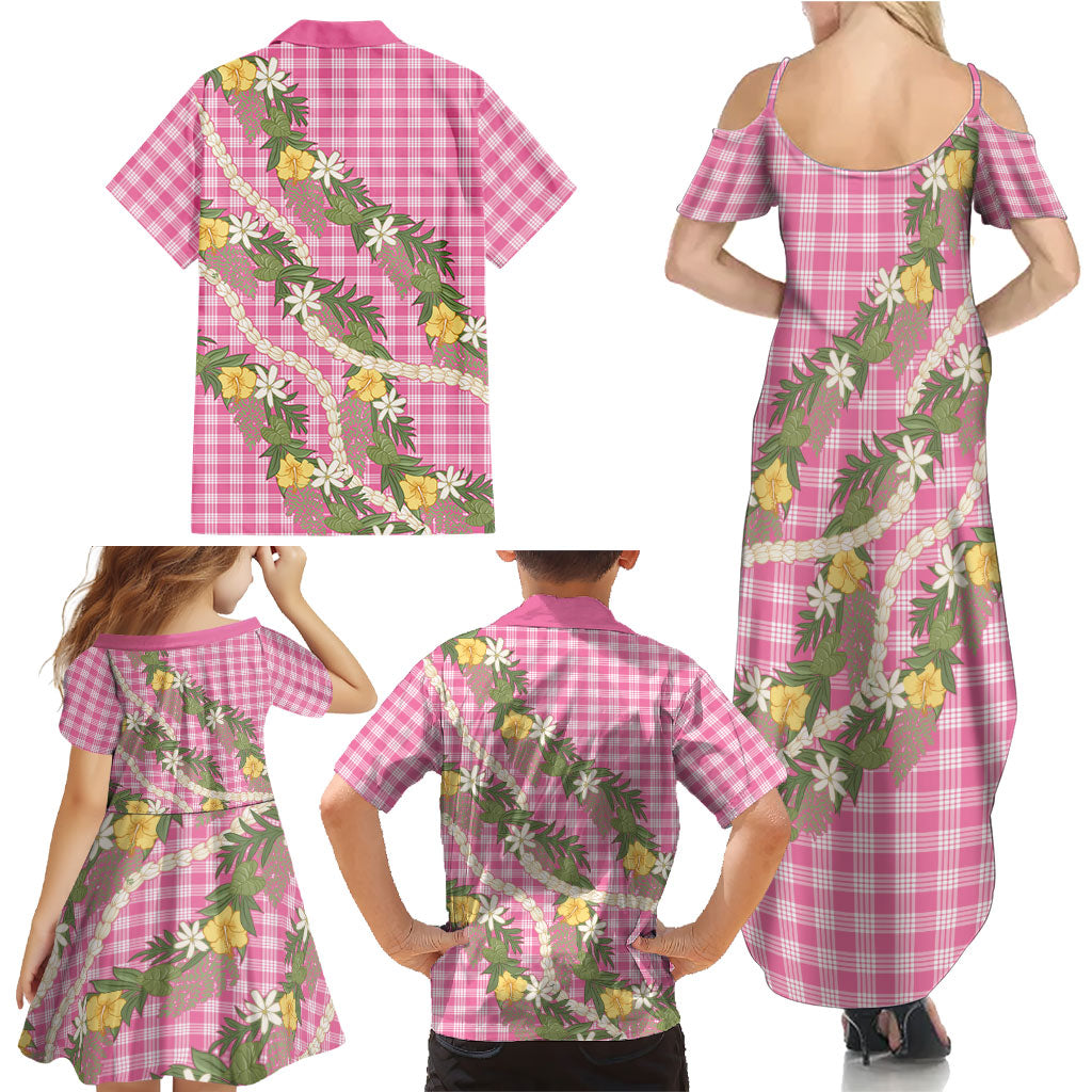 Aloha Puakenikeni Anthurium Pikake Lei Family Matching Summer Maxi Dress and Hawaiian Shirt Tropical Pink Hawaiian Palaka Pattern LT9 - Polynesian Pride