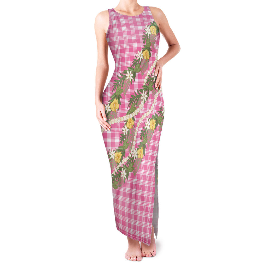 Aloha Puakenikeni Anthurium Pikake Lei Family Matching Tank Maxi Dress and Hawaiian Shirt Tropical Pink Hawaiian Palaka Pattern LT9 Mom's Dress Pink - Polynesian Pride