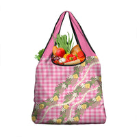Aloha Puakenikeni Anthurium Pikake Lei Grocery Bag Tropical Pink Hawaiian Palaka Pattern