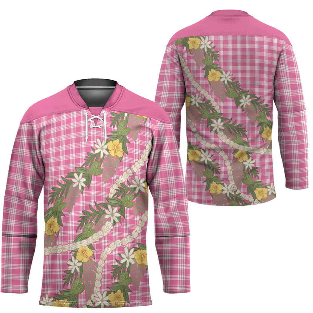 Aloha Puakenikeni Anthurium Pikake Lei Hockey Jersey Tropical Pink Hawaiian Palaka Pattern