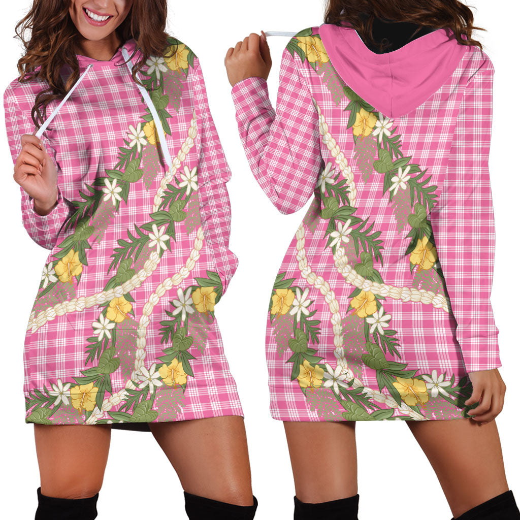 Aloha Puakenikeni Anthurium Pikake Lei Hoodie Dress Tropical Pink Hawaiian Palaka Pattern LT9 - Polynesian Pride