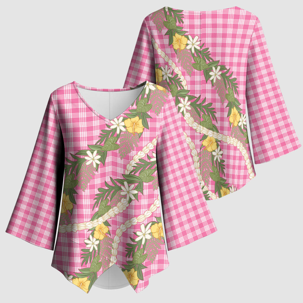 Aloha Puakenikeni Anthurium Pikake Lei Kimono Sleeve Blouse Tropical Pink Hawaiian Palaka Pattern