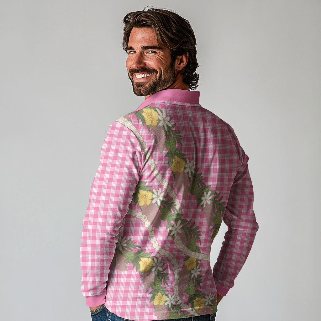 Aloha Puakenikeni Anthurium Pikake Lei Long Sleeve Polo Shirt Tropical Pink Hawaiian Palaka Pattern