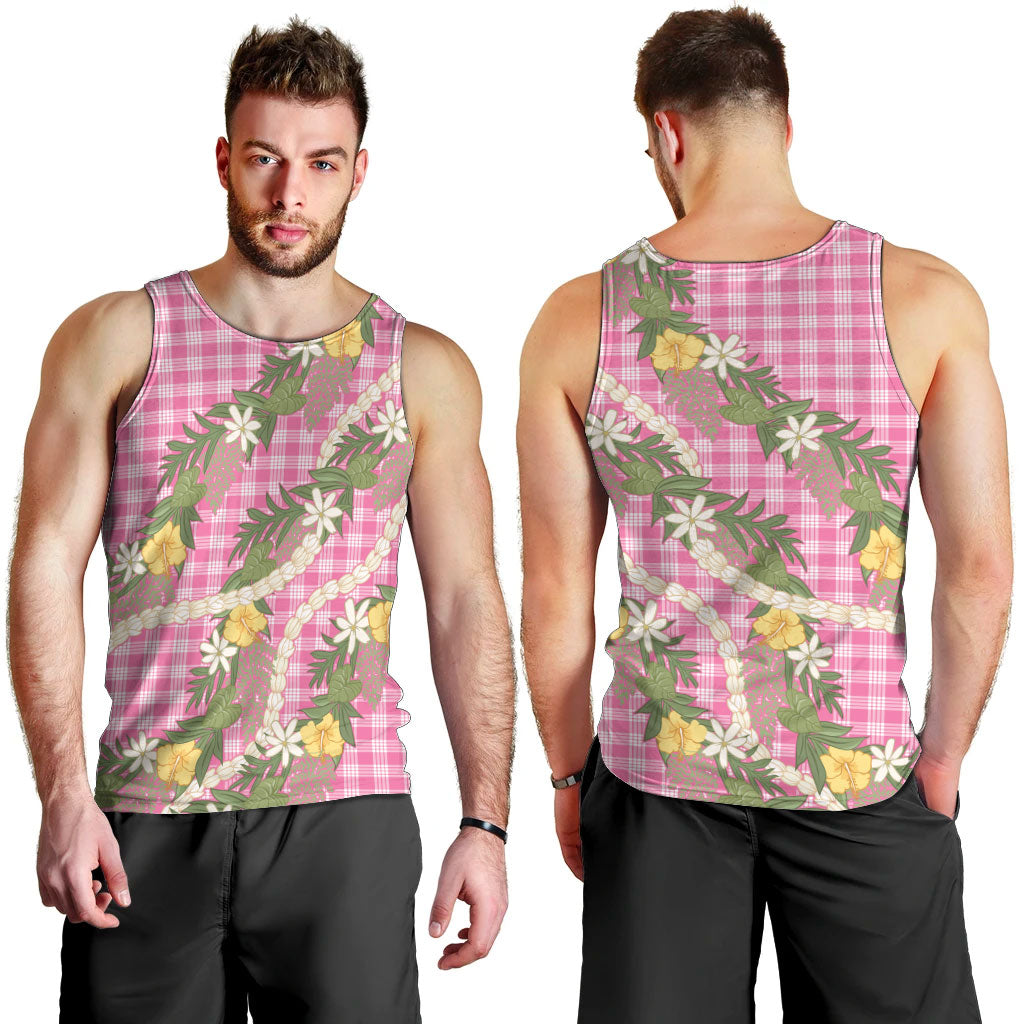 Aloha Puakenikeni Anthurium Pikake Lei Men Tank Top Tropical Pink Hawaiian Palaka Pattern