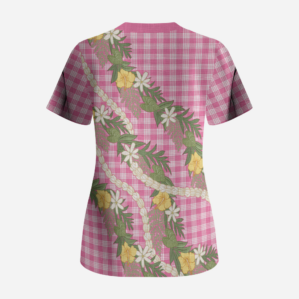 Aloha Puakenikeni Anthurium Pikake Lei Scrub Top Tropical Pink Hawaiian Palaka Pattern