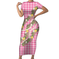 Aloha Puakenikeni Anthurium Pikake Lei Short Sleeve Bodycon Dress Tropical Pink Hawaiian Palaka Pattern LT9 Long Dress Pink - Polynesian Pride