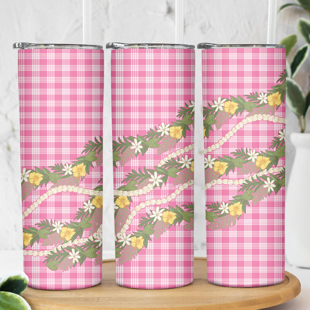 Aloha Puakenikeni Anthurium Pikake Lei Skinny Tumbler Tropical Pink Hawaiian Palaka Pattern LT9 - Polynesian Pride