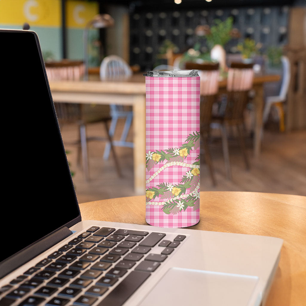 Aloha Puakenikeni Anthurium Pikake Lei Skinny Tumbler Tropical Pink Hawaiian Palaka Pattern LT9 - Polynesian Pride