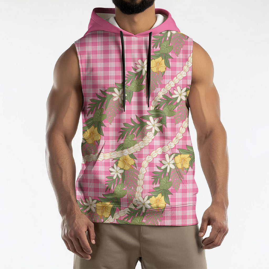 Aloha Puakenikeni Anthurium Pikake Lei Sleeveless Hoodie Tropical Pink Hawaiian Palaka Pattern LT9 - Polynesian Pride