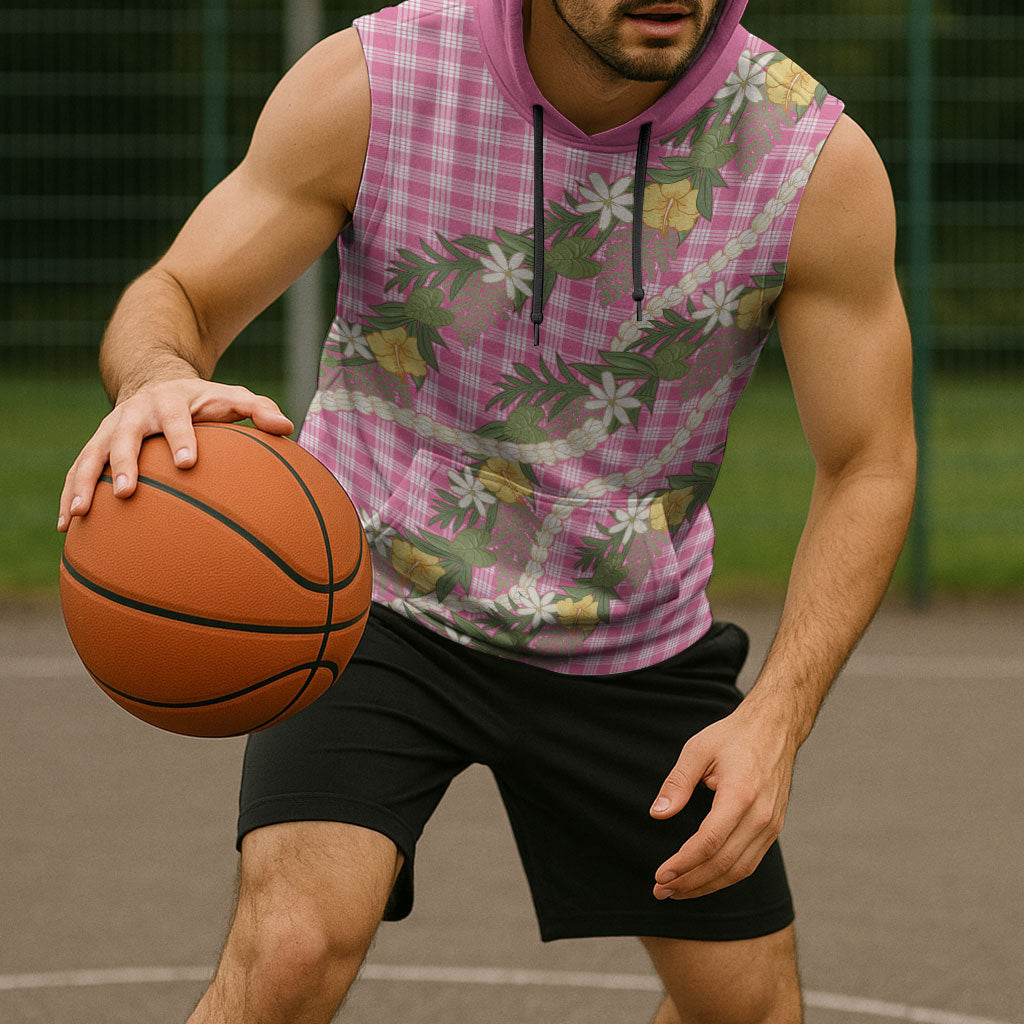 Aloha Puakenikeni Anthurium Pikake Lei Sleeveless Hoodie Tropical Pink Hawaiian Palaka Pattern LT9 - Polynesian Pride