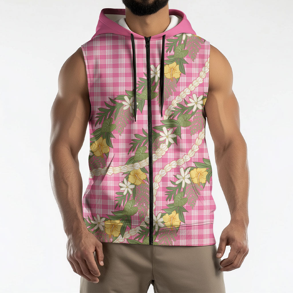 Aloha Puakenikeni Anthurium Pikake Lei Sleeveless Zip Hoodie Tropical Pink Hawaiian Palaka Pattern LT9 - Polynesian Pride