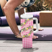 Aloha Puakenikeni Anthurium Pikake Lei Tumbler With Handle Tropical Pink Hawaiian Palaka Pattern