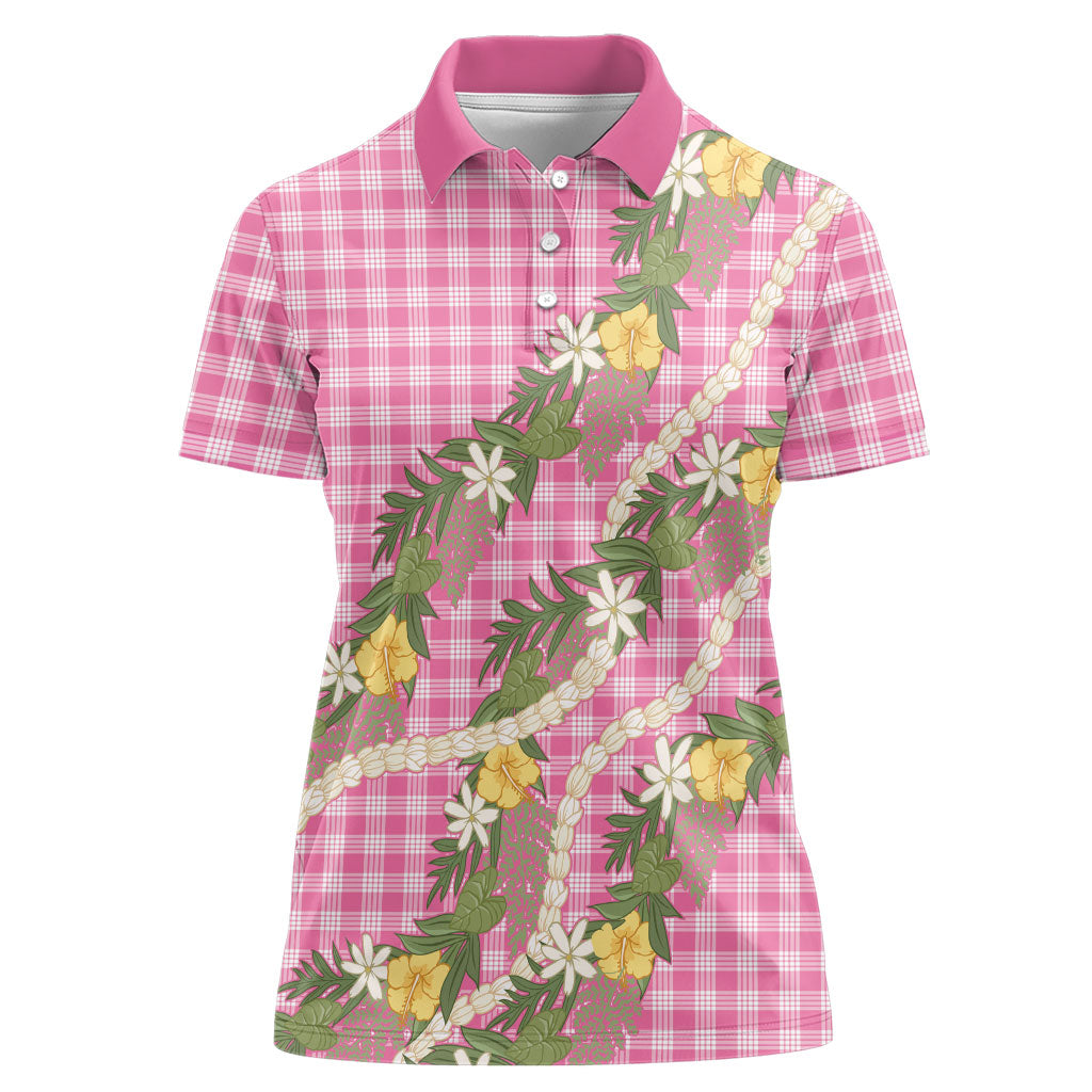 Aloha Puakenikeni Anthurium Pikake Lei Women Polo Shirt Tropical Pink Hawaiian Palaka Pattern LT9 Female Pink - Polynesian Pride