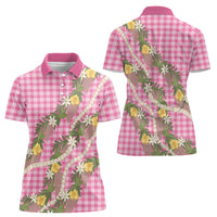 Aloha Puakenikeni Anthurium Pikake Lei Women Polo Shirt Tropical Pink Hawaiian Palaka Pattern LT9 - Polynesian Pride